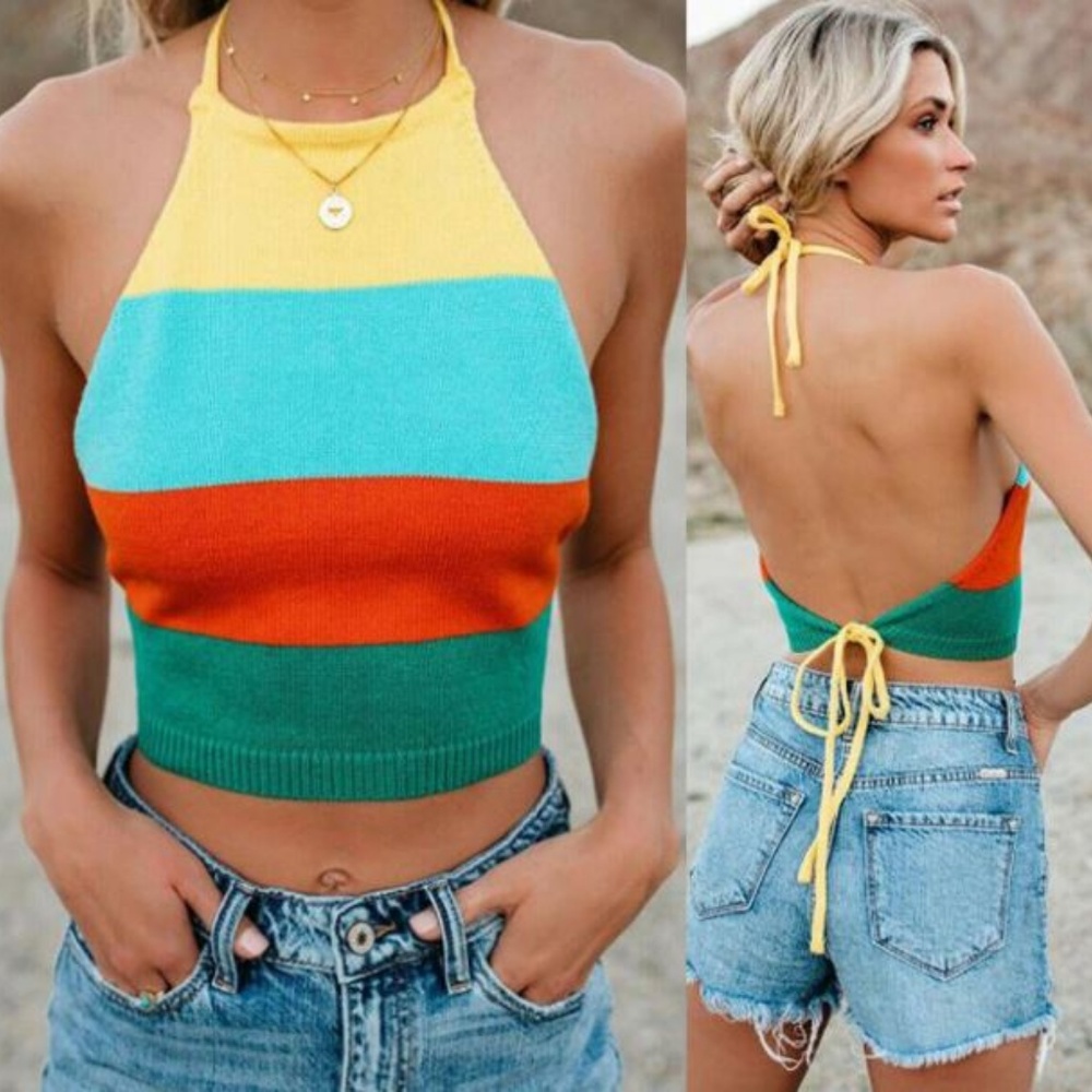 🌞 Crocheted Yellow Blue & Orange Tie Back Tank - Picture 3 of 8